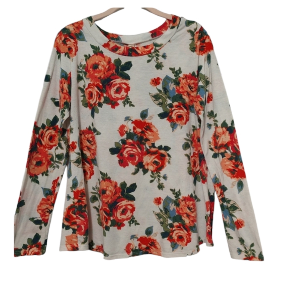 Lara Cream Floral Long Sleeve Tunic Top sz Medium